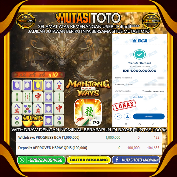 Bukti kemenangan βMAHJONG WAYSβ MutasiToto 01-Oktober-2024