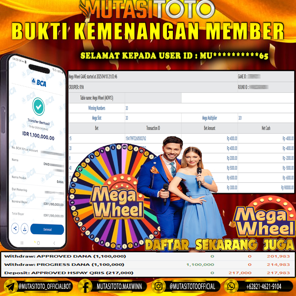 BUKTI KEMENANGAN MEMBER BERMAIN DI LIVE CASINO-MEGAWHEEL